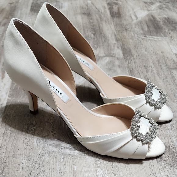 Nina Shoes - Nina Corrine Ivory Satin MID-HEEL D'ORSAY PUMPS WITH JEWELED BUCKLE Size 8